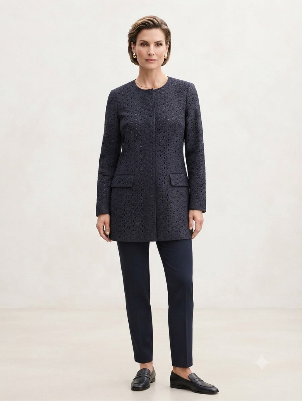 Halogen Black Eyelet Women's  Long Length Blazer Zip Front Size Medium